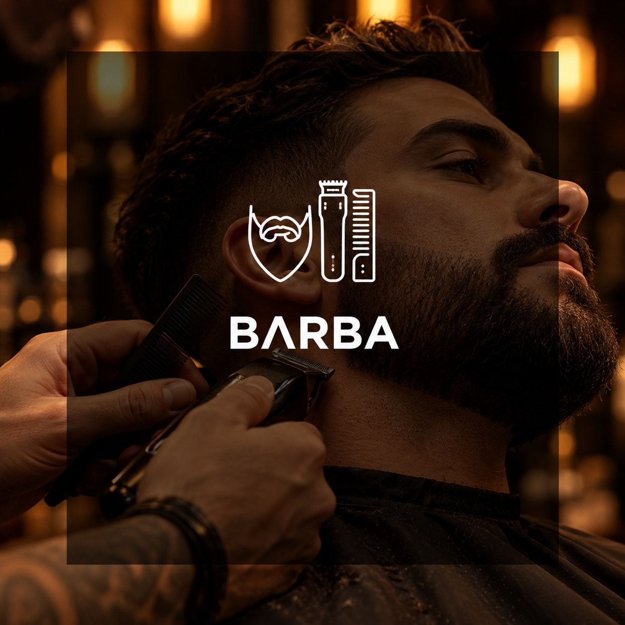Cliente de perfil tendo a barba alinhada na máquina, contorno já desenhado.