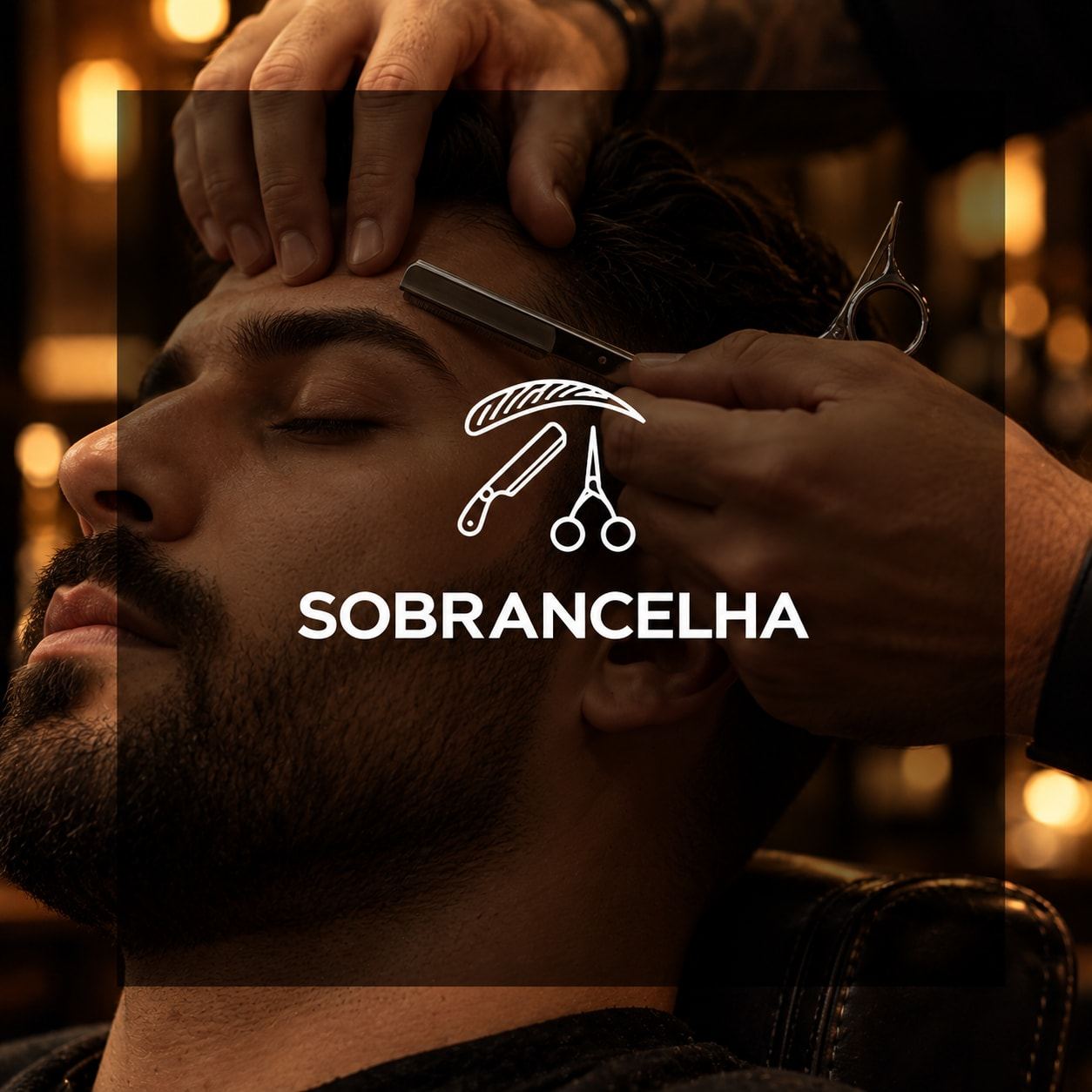 Sobrancelha sendo alinhada na navalha, com o cliente de olhos fechados.
